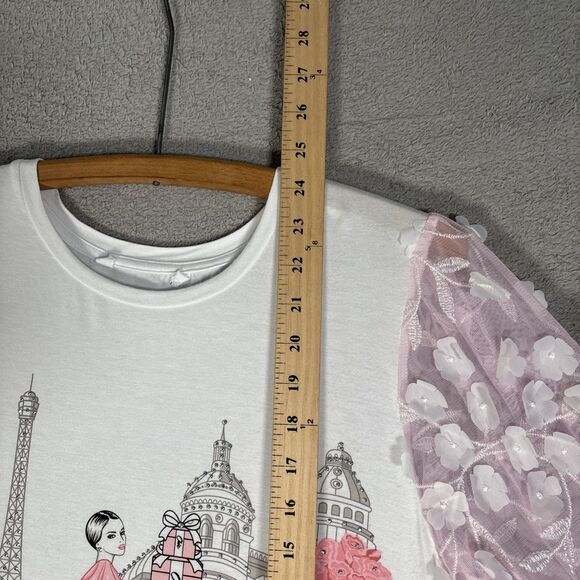 Love and Lace Women’s Size M Parisian Graphic T-Shirt Pink Puff Organza‎ Sleeves - Picture 7 of 14